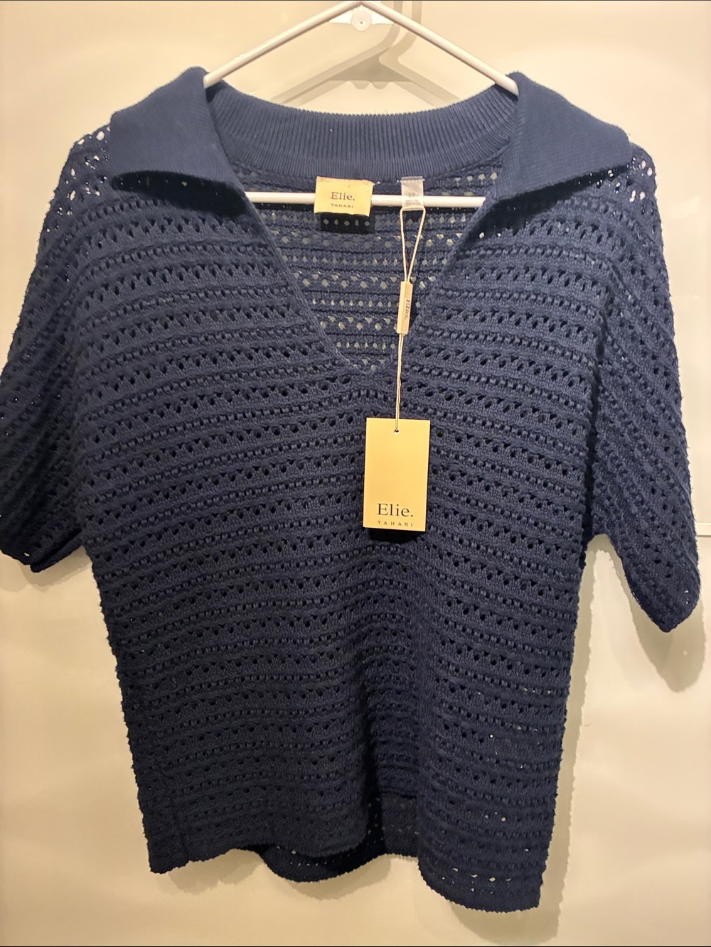 Elie Tahari Navy Open-Knit V-Neck Polo Sweater